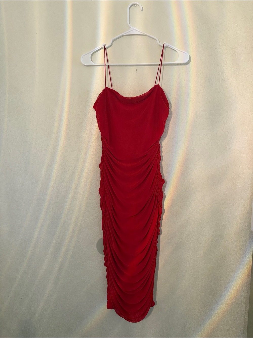 Red Ruched Midi Slip Dress
